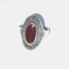 925 Sterling Silver Marcasite Carnelian Stone Ring Sz 8-1/2 Vintage Signed