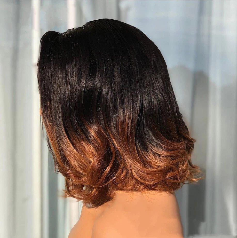 Pelucas delanteras de encaje de cabello humano Ombre marrón corto Bob Wave negro a marrón 13x4 encaje Foto 4 de 4