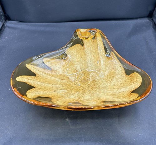 Vintage Amber Flower Swirl Copper Flecks Folded Rim Art Glass Dish Bowl 8"