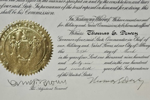 1946 New York Governor Thomas Dewey Signed Military Appointment Document - Picture 2 of 2