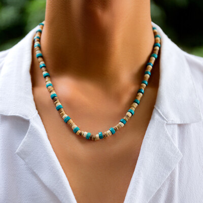 Fashion Men's Colorful Wood Bead Necklace Simple Hip-hop Bohemian Style  Chain