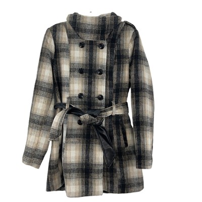 BCX Tan Black Plaid Womens Double Breasted Pea Coat, Polyester, Size S  Preowned