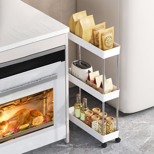 3 Layers Narrow Storage Rack with Wheels Organizer for Home Bathroom ...