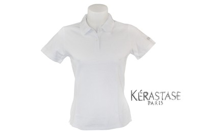 Kerastase Damen Poloshirt T-Shirt 2-Knopfleiste Ripp-Kragen Print am Ärmel NEU 