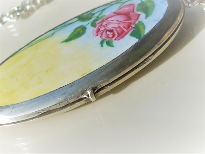 Grand Pendentif Porte-photos Ancien 1920/30 En Alpacca Avec émail Rose + Chaîne Argent