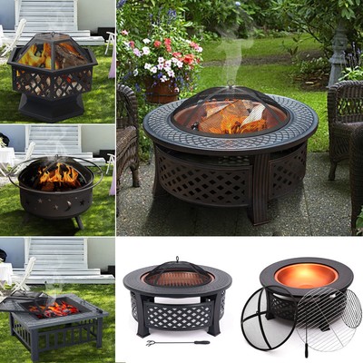 Round Screen Covered Fire Pit Grill Firepit Bowl Bbq Brazier Uk