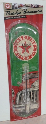 Texaco Gasoline Motor Oil Antique Vintage Style Metal Tin Thermometer w/ Red Car