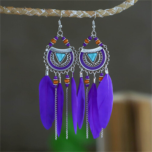 Silver Drop Earrings Ethnic Retro Jewelry for Women Boho Tassel Feather Earrings - Picture 8 of 17