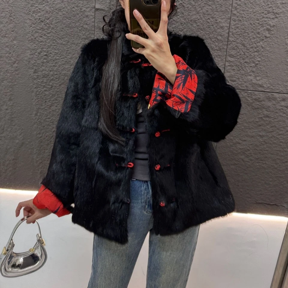 Abrigo de piel de conejo real reversible de doble cara estilo chino para mujer Foto 4 de 4