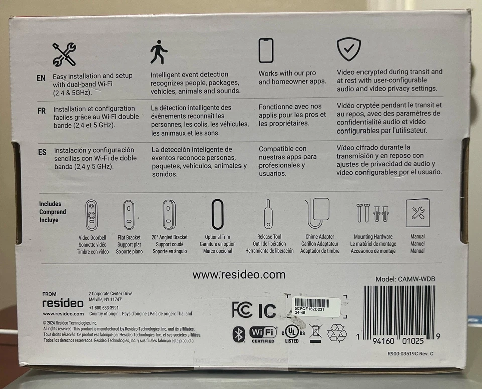 Resideo CAMW-WDB First Alert Pro VX1 HD Video Doorbell 5MP Camera White/Gray - Image 4 of 4