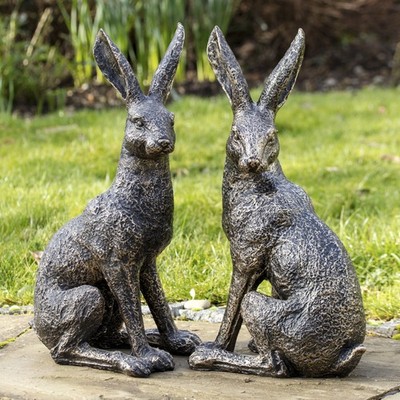 2er Set Alter Gold März Hase Garten Ornamente Harz Outdoor Tier Statuen 43 cm
