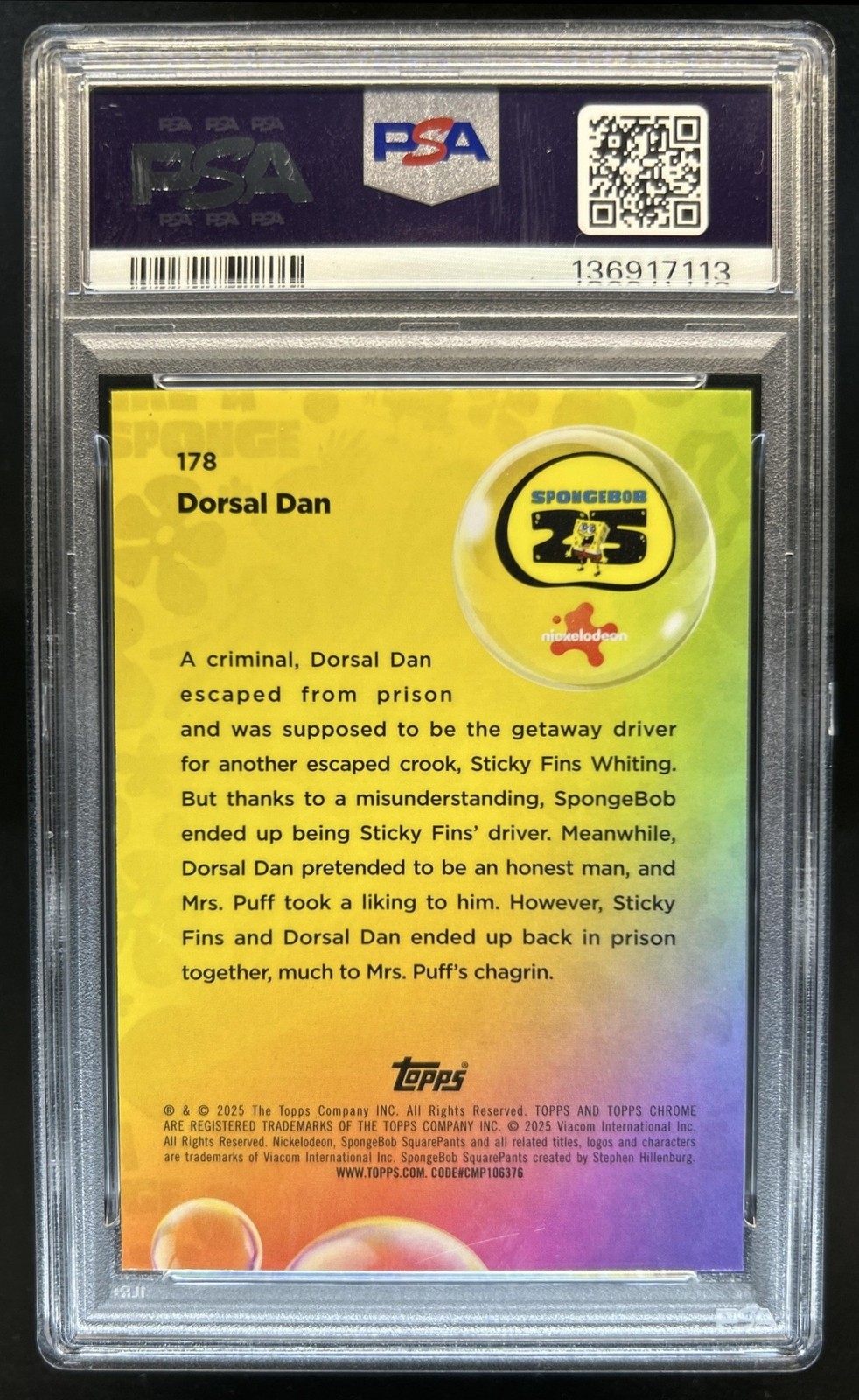 2025 Topps Chrome SpongeBob Sapphire Dorsal Dan Green Refractor #/99 PSA 10 view 2