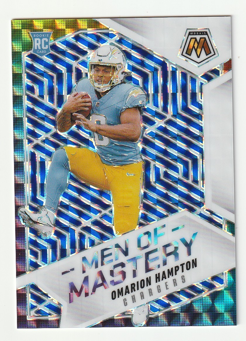 2025 Panini Mosaic Blue Prizm Chargers /99 Omarion Hampton Men of Mastery RC