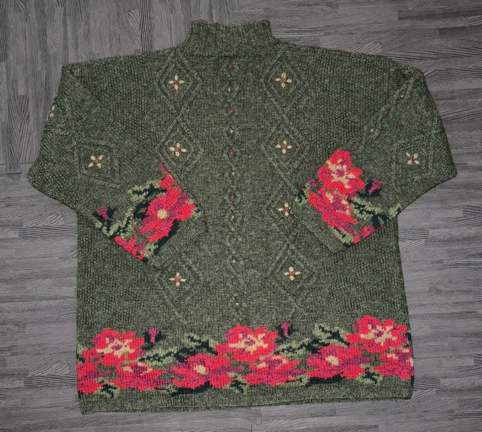 Suéter de malha LL Bean floral cabo GG 100% lã verde pescoço simulado vintage anos 80 raro - Imagem 2 de 4