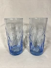 Vintage Light Blue Iris Floral Design Anchor Hocking Tumbler Glass Set Of 2