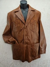 Bermans Men Leather Sport Coat Zip Lining 4 Pockets Chestnut VTG 70s Sz 44 Used