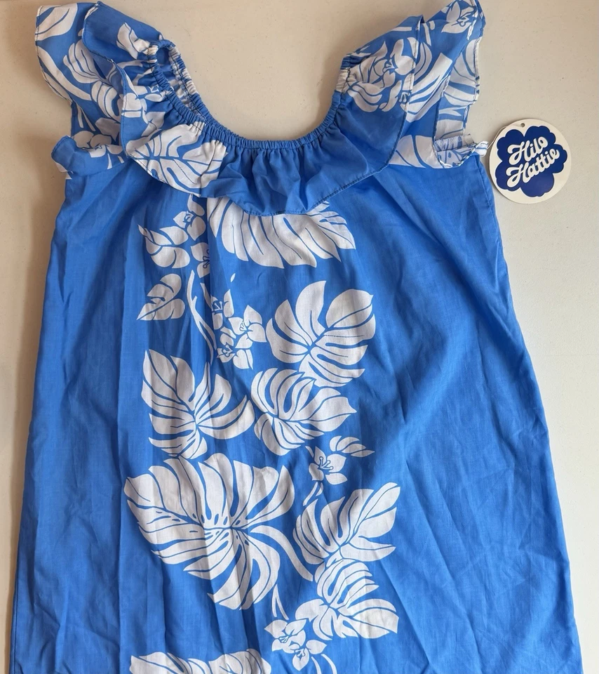 NUEVO HILO HATTIE Niñas 14 Vestido Hawaiano Azul Blanco Estampado Floral Nuevo con Etiquetas Foto 3 de 4
