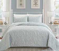- 3-Piece Marine Queen Size Quilt Set. Beach Theme Bedspread in Silver Grey C...