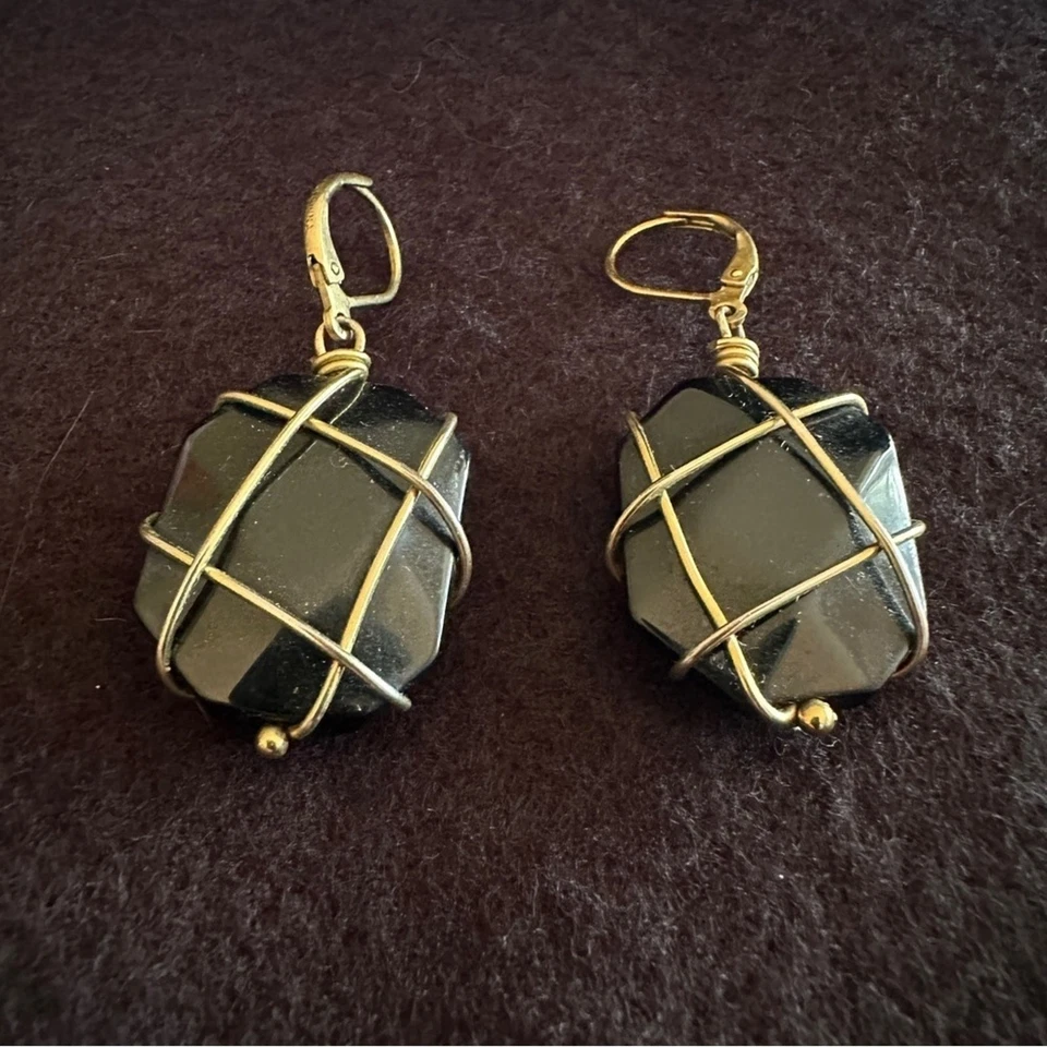 Винтажные висячие серьги Joan Rivers из золотой проволоки в клетке с искусственным черным камнем - Изображение 2 из 4
