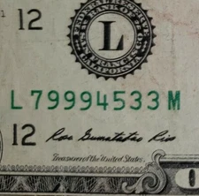 2013 $1 Fort Worth Fancy Serial Number L79994533M Triple & Double & Rarer L-M