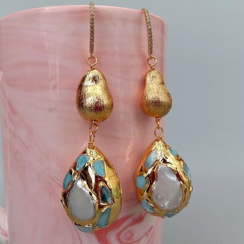 Cultured White Pearl Teardrop Shape Blue larimar Brushed Bead Hook Earrings - Picture 6 of 6