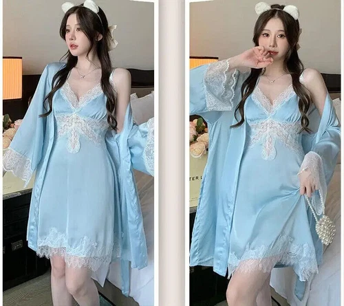 Sexy Mujeres Albornoz Sedoso Satén Batas Vestido de Noche Lencería Prendas para dormir Kimono Vestido - Imagen 19 de 25