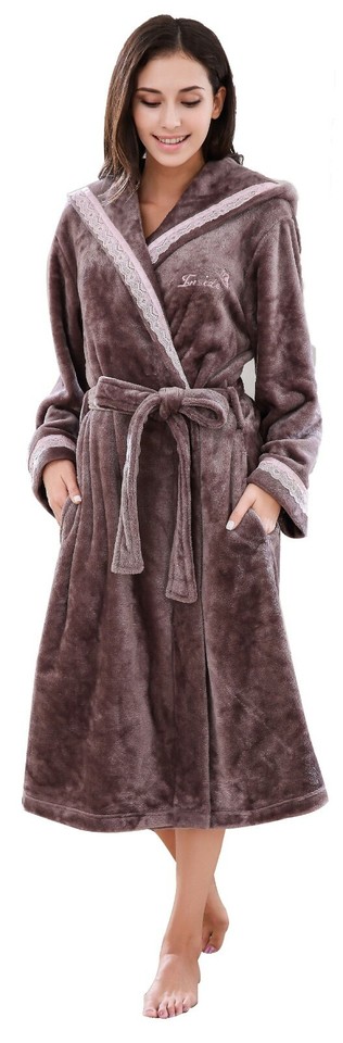 RH Women Fleece Hooded Bathrobe - Plush Long Robe House Gown Bath Coat ...