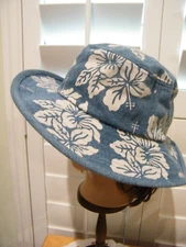 DORFMAN PACIFIC HEADWEAR NEW  BLUE  FLORAL ,COTTON , BRIM, CHIN STRAP SZ MED