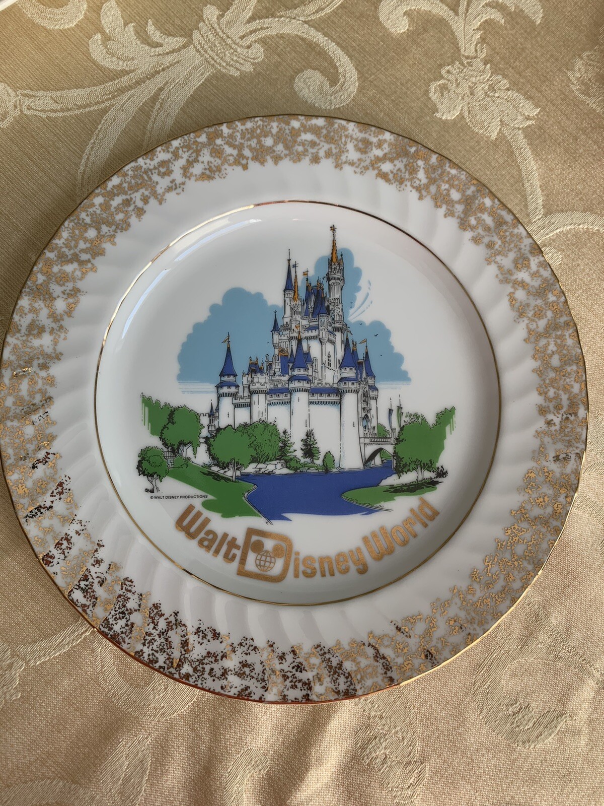 Vintage Walt Disney World Porcelain Plate Featuring Castle & Gold Trim  