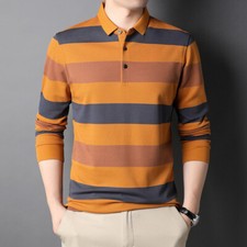 Men's 100 Cotton Winter Warm Versatile Stripe Men's Long Sleeve Polo Shirt