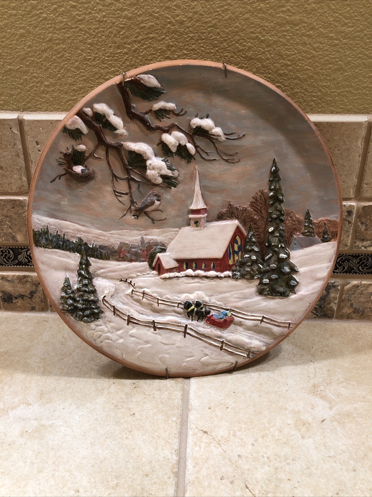 Vintage 1980 Byron Molds 3D Christmas Wall Plate Hand Painted Winter Decor