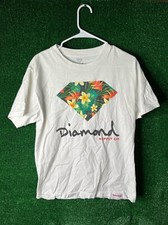 mens diamond graphic tshirt short sleeve white size medium skater flowers cotton