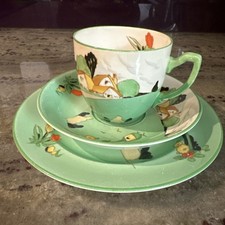 Rare Vintage KEELING & Co. Losol Ware Braeside Trio Art Deco Cottage Scene Green