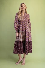 Gigio  by Umgee Purple Mix Patchwork Print Long Sleeve Tiered Midi Dress