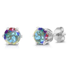 Gemstone Birthstone Rhodium Plated Stud Earrings For Women Men 1.50 Cttw