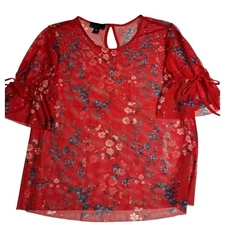 Red Floral Mesh Sheer Blouse Women’s Size Large Short Sleeve Top - by Attention