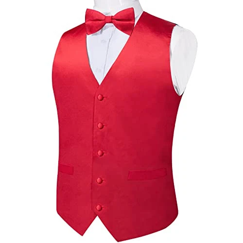 Mens Satin Vest and Bowtie Lapel Pin Set for Suit or Small Satin Fire Red - Image 4 of 4