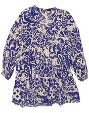 ZARA Womens 3/4 Sleeve A-Line Dress UK 16 Large Blue Floral Viscose LA14