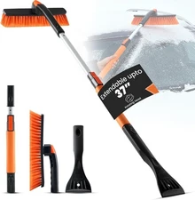 31-37in Extendable Car Snow Brush & Ice Scraper 360° Rotating Head Foam Grip