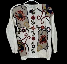 Vintage Express Tricot Sweater Sz XS Oversized Chunky 3D Embroidered Floral 90s