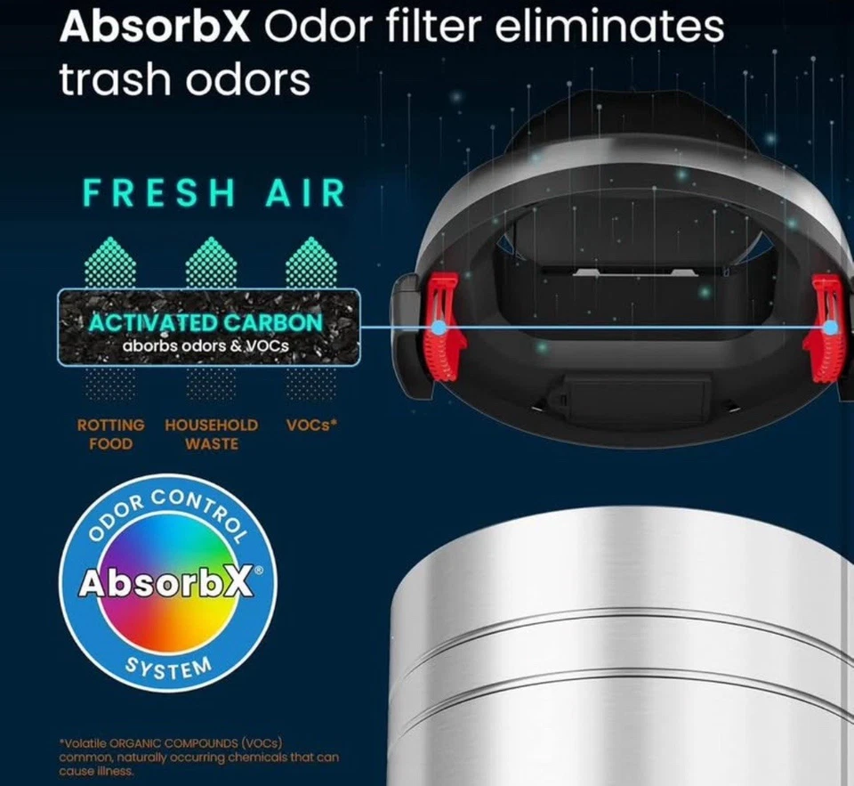 iTouchless Stainless Steel Trash Can w/AbsorbX Odor Control/Wheels 18 GallSilver - Image 4 of 4