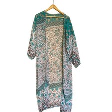 Womens One Size Kimono Beach Teal Brown Floral Paisley Sheer Boho Coverup Flowy
