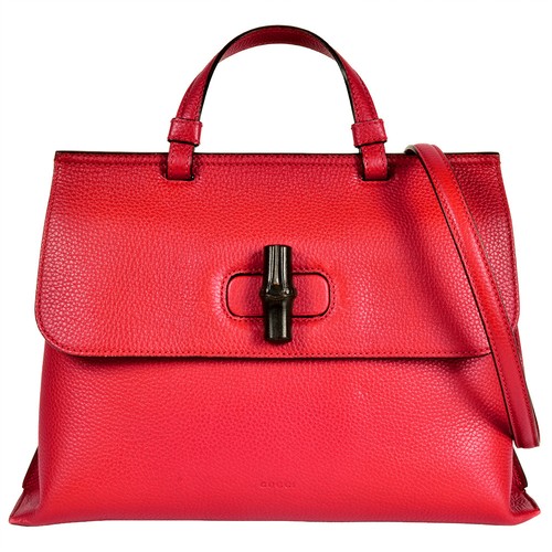 GUCCI Daily Handbag 2WAY Leather Bamboo 370831 Red Silver Hardware Ladies