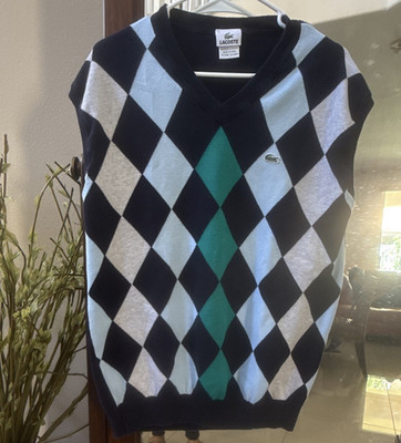 Lacoste Men s Argyle Knit Sweater Vest V-Neck Sleeveless Navy Blue Size 7