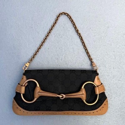 GUCCI Horsebit Chain Shoulder Bag Black Canvas Used