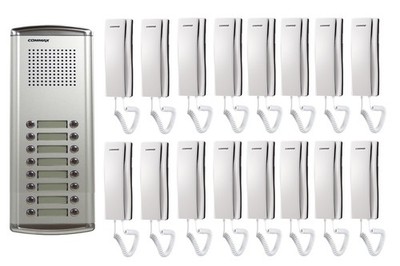 COMMAX 16-Apartment Building Audio Intercom Set: DR-16AM x1/DP-SS x16/12V Power