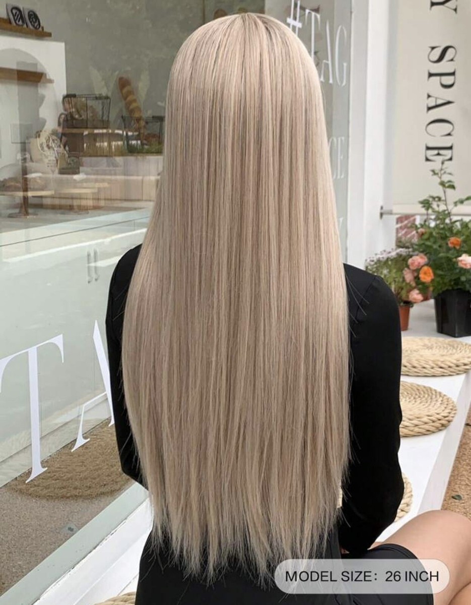 Perruque Longue Synthétique Blonde Dorée Clair Avec Frange - Neuf, Bonnet Moyen, 4 Bonnets Inclus