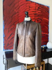 Weekend Max Mara Brown Leather Jacket With Pleated Front Panel Womens Size 8