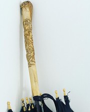 AUTHENTIC 19th Century Carved Bone Parasol HANDLE/UMBRELLA signed / Chinese