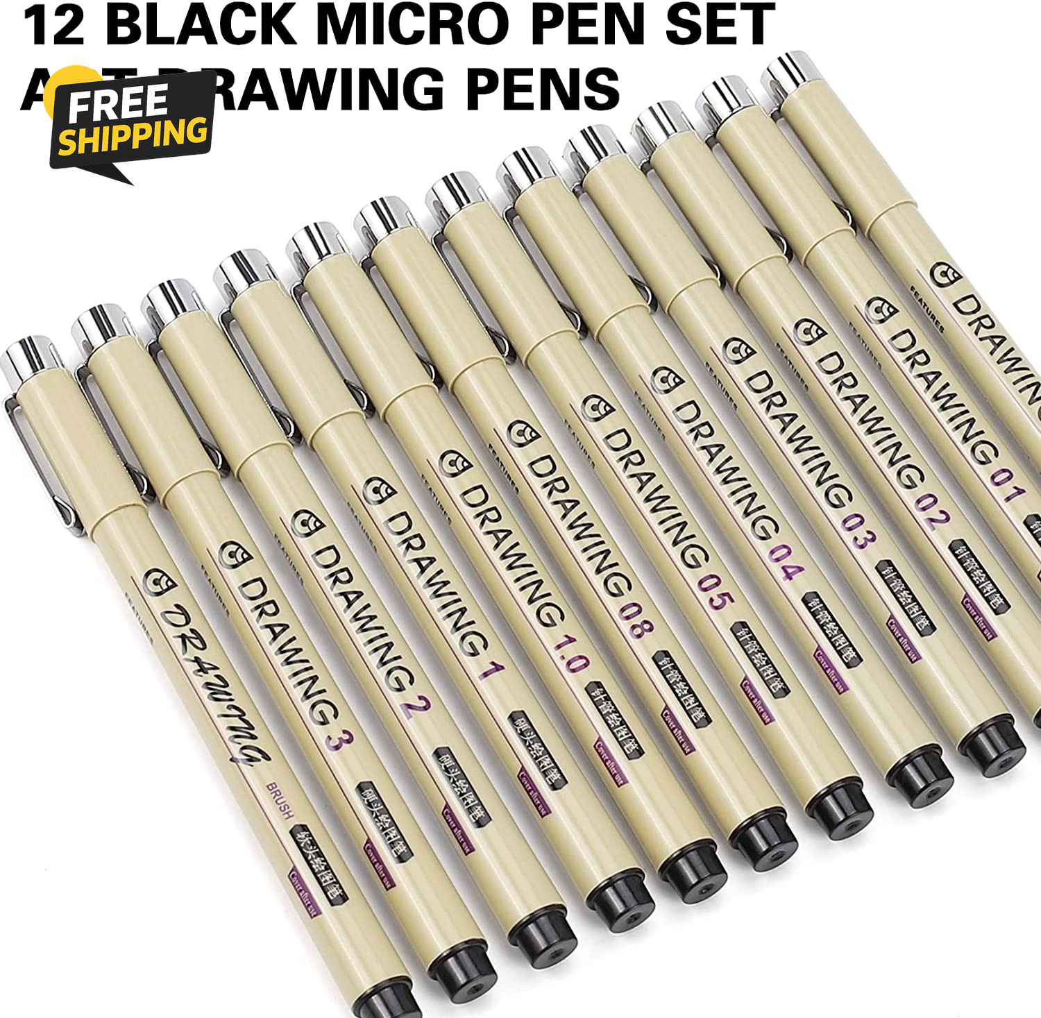 Muchcute Micro Fineliner Drawing Art Pens: 12 Black Fine Line Waterproof Ink Set